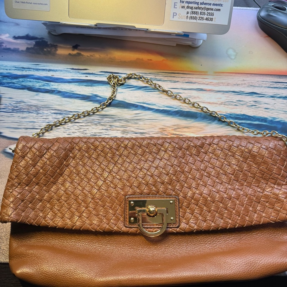 Woven Leather Shoulder Bag with Chain Strap - Brown banana republic